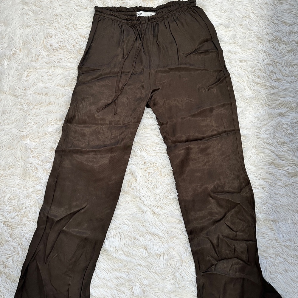 Zara Dark Brown Drawstring Wide-Leg Pants